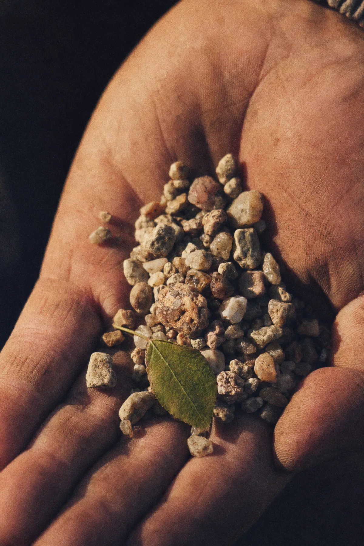 A handful of Ganchengzi alluvial gravel cupped in a weathered hand