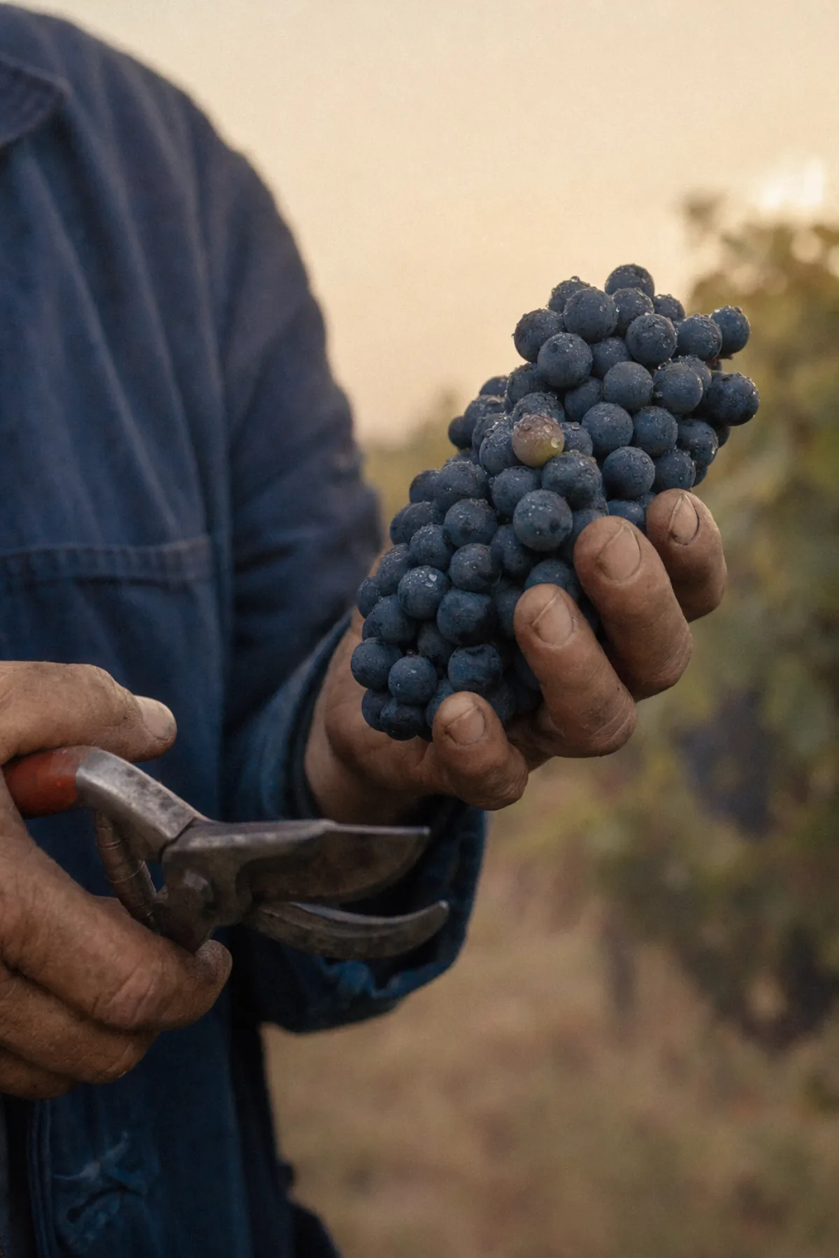 A weathered hand holding a cluster of just-picked cabernet grapes at dawn