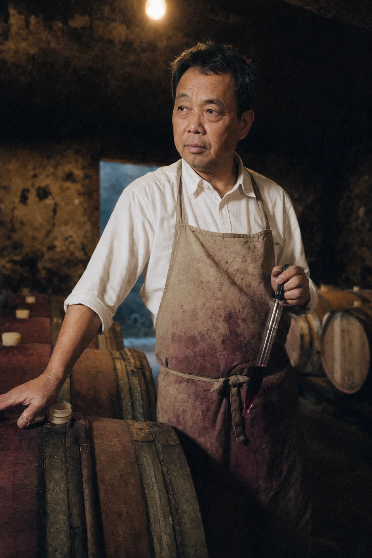 Ying Zhao, cellar master — inside the stone cellar with a wine thief